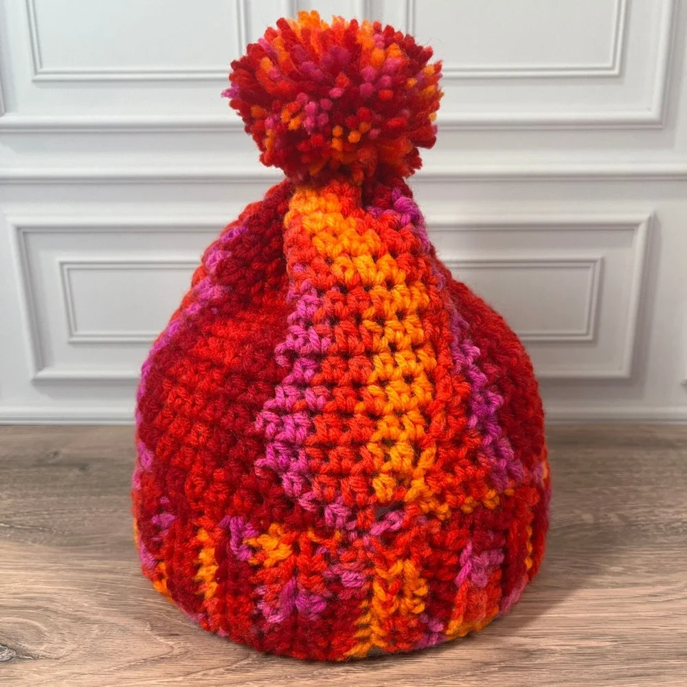 Handmade Crochet Beanie Kids Red Orange Pink Pom Pom Winter Hat